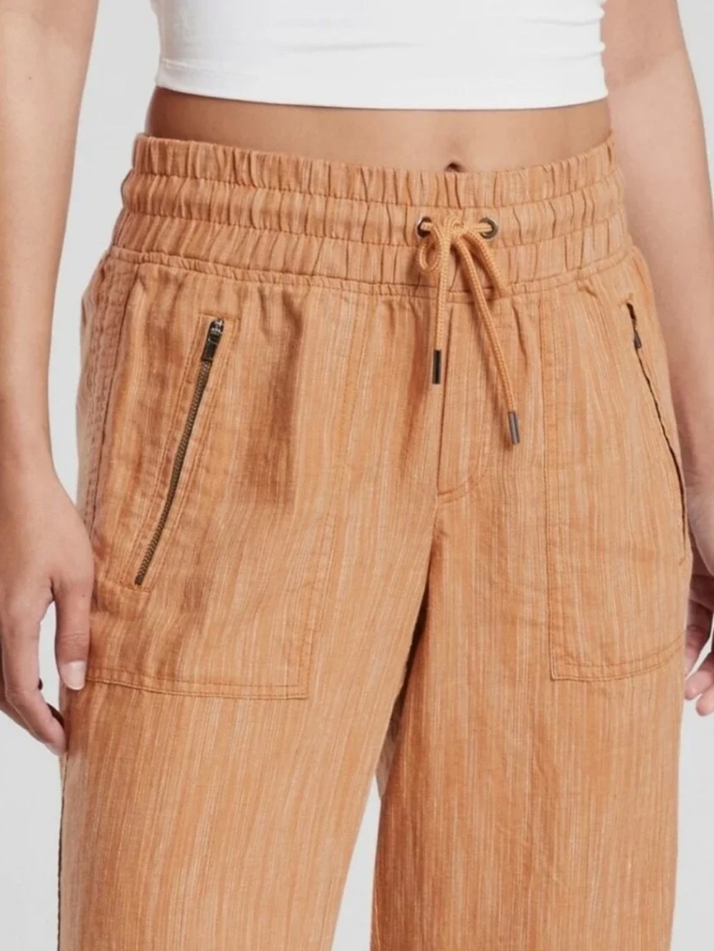 Athleta Cabo Linen Textured Wide Leg Pants size 4 Tan Brown Pull On Beach Travel - Picture 5 of 12
